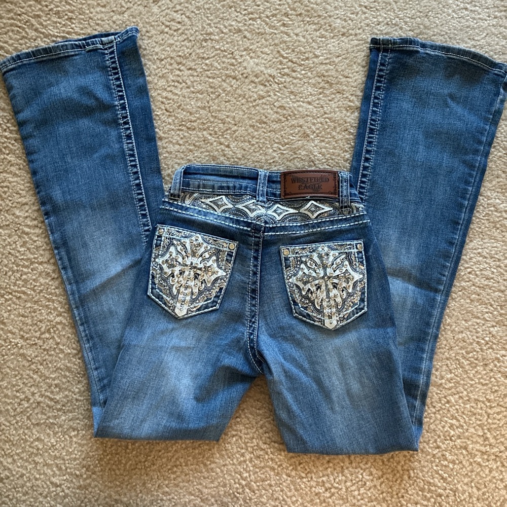 Women's Blue Flare Jeans with Embellished Pockets